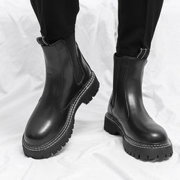 High Cut Chelsea Boots for Men PU Round Toe Thick Sole with Increased Elastic Straps on Both Sides for A Fashionable British Style