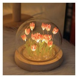 Night Lights DIY Light Handmade Tulip Decoration Glass Cover Wooden Base Flower Lamp For Women Girlfriend Wife Girls