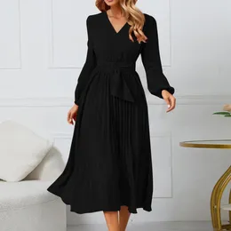 Casual Dresses Womens Long Sleeve Slim Woman Party Night Pleated Belt V Neck A Line Dress Ruffle Hem Flowy Midi