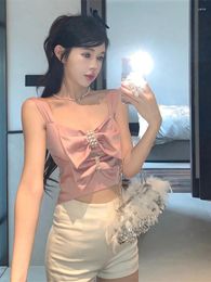 Women's Tanks Satin Pink Bow Diamond Beaded Camisole Women Summer Sexy Girl Vest Tops Slim Fit Pleated Hollow Out Outer Wear