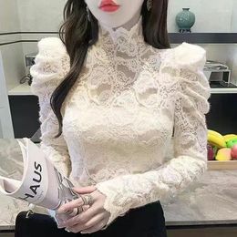 Women's T Shirts Women Long Sleeve Lace T-shirts Solid Color Half Turtleneck Sexy Transparent Tops Slimming Hollow Out Bottoming Shirt T328