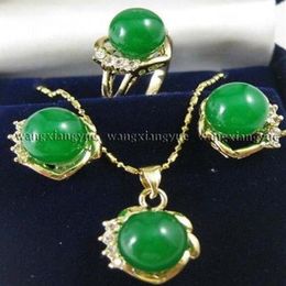 10mm Green Jades Earrings Ring & Necklace Pendant Set plated watch whole Quartz stone CZ crystal316U