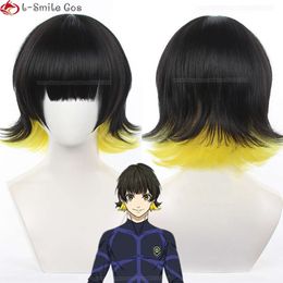 Catsuit Costumes Anime Blue Lock Short Black Yellow Bachira Meguru Cosplay Heat Resistant Hair Party Wigs + Wig Cap