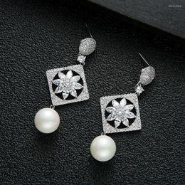 Dangle Earrings Luxury Square Pearl For Women Wedding Cubic Zirconia CZ DUBAI Bridal Earring Jewelry Accessories E7187