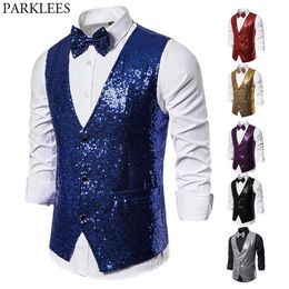 Shiny Royal Blue Sequin Dress Vests Men Slim Fit V Neck Glitter Tuxedo Waistcoat Mens Wedding Party Stage Prom Vest with Bowtie197a