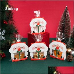 Gift Wrap Stobag 40Pcs Marry Christmas Kraft Box Window Candy Packaging Santa Claus Cute Kids Holiday Happy Year Party Favour Drop Deli Dh41B