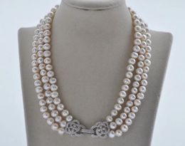 Chains Z10791 3Row 19" 9mm White Round Freshwater Pearl Necklace CZ