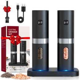 Mills Electric Salt and Pepper Grinder with Base Adjustable Coarseness LED Light Automatic Kitchen Tools 231026