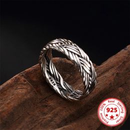 Wedding Rings Real 925 Sterling Silver Adjustable Ring Antique Unique Hand-Woven Men Women Couple Ring Vintage Twist Rings Fashion Jewellery 231027