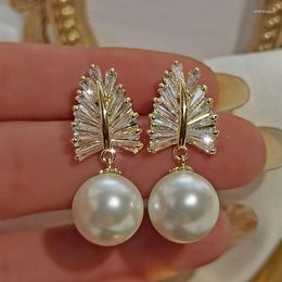 Stud Earrings Elegant Lady's Gold Plated Pearl Fashion Jewellery Party Student Simple Accessories Sweet Feather For Woman