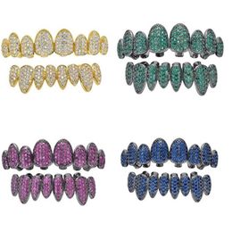 New Full colour zircon Teeth Grillz Top & Bottom 18K gold silvery Colour Grills Dental Mouth Hip Hop Fashion Jewellery Rapper Jewelry251j