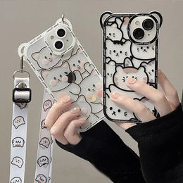 Cell Phone Cases Cute bear with tethered phone case suitable for iPhone 14 13 11 12 Pro Max XS X XR 8 7 15 14 Plus cartoon cat soft TPU cover bumper 231026