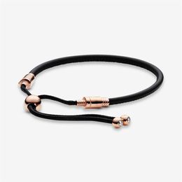 100% 925 Sterling Silver Rose Gold Moments Leather Slider Bracelet Chain Classic Round Clasp Fashion Women Wedding Engagement Jewe2694