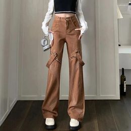 Women's Jeans Large Size 2023 Fashion Streetwear Pockets Zipper Lacing Vintage Wide Leg High Waist Straight Denim Trousers Y2k Overalls