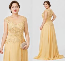 Mother's Dresses Gold Plus Size Mother Of the Bride Dress Formal New Chiffon Prom Party Gown A Line O-Neck Long Sleeve Applique Custom Lace Up Zipper