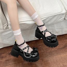 Dress Shoes Gothic Punk Mary Jane Women Black Bow Chunky Heel Platform Lolita Girls Round Toe Buckle Sweet Cosplay Pumps White