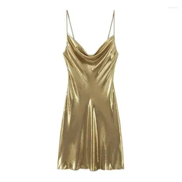 Casual Dresses YENKYE Fashion Metallic Strappy Mini Dress For Women Backless Fluid Neck Party Sexy