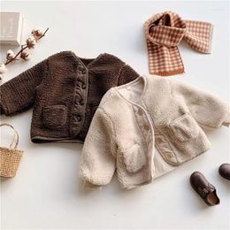 Jackets 2023 Fall Winter Korean Baby Boy Clothes Warm Lamb Velvet Kids Girls Long Sleeve Cardigan Coat Cute Pockets Children Tops