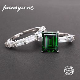 PANSYSEN Real 925 Sterling Silver Rings For Women 100% Natural Emerald Gemstone Fine Jewellery Wedding Engagement Ring 2019 Newly CJ3097