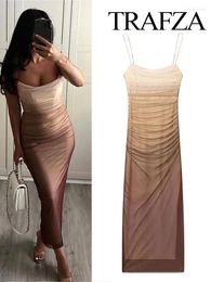 Casual Dresses TRAFZA Women Ruched Midi Dress 2023 Party Club Long Sexy Off Shoulder Backless Tulle