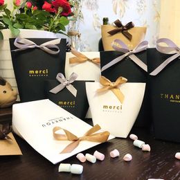 Gift Wrap 20pcs White Kraft Black Paper "Merci" Candy Box French Thank You Wedding Favors Bags Package Birthday