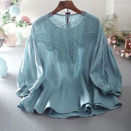 Women's Blouses 9xl Large Size Cotton And Linen Shirt 2023 Summer Korean Fashion Design Lace Stitching Loose Casual Lantern Sleeve Top