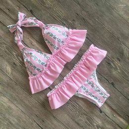 Women's Swimwear Digital Printing Ruffle Neck Cute Bikini Sexy Multicolor Tight Backless Floral Pleated Skirt Split Suit