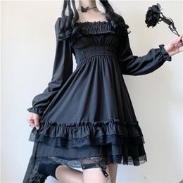 Casual Dresses Autumn 2021 Gothic Fashion Europe America Solid Colour V-neck Net Yarn Perspective Long Sleeve Lace Splicing Dress330d