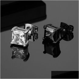 Stud Rock Square 4 Prong Black White Zirconia Earrings For Men Stainless Steel Iced Out Hip Hop Jewellery Drop Delivery Dhdsf