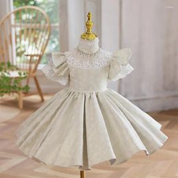 Girl Dresses Ball Gown Lace Appliques Flower Girls Beading Pleated Design Princess Dress Tiered Flare Sleeve Birthday Party Vestidos