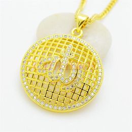 Women's 18KGP Gold Tone Islamic God CZ Round Pendant Necklace W Curb Chain Gift For Muslim Necklaces243S