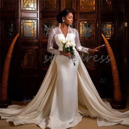 Contemporary Minimalist Wedding Dress With Detachable Train Fairy Gatsby Mermaid 2 In 1 Bride Dress Long Sleeve Lace Dubai Bridal Gown South African Aso Ebi Branco