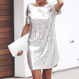 Casual Dresses Women's Silver Sequin Dress Glitter Short Sleeve Sexy O Neck Mini Party Club Vestidos For Daily Wear