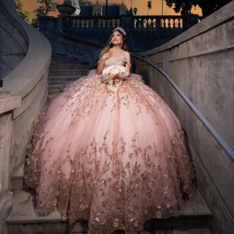 Pink Shiny Off The Shoulder Quinceanera Dresses Princess Prom Gown Tulle Lace Up Gold Appliques Beads Sweet 15 16 Dress Balll Gwon