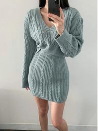 Work Dresses Fall Chic Korean Knitted 2 Pce Sets Elegnat V-neck Female Sweaters Pullover Vintage High Waist Wrap Hip Twist Skirts Womens