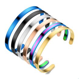 Cuff Fashion 6Mm Thin Bangle 316L Stainless Steel Smooth Open Ring C Bracelet For Women Men Wristband Bracelets Lovers Jewelry Drop De Dh9Dw