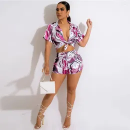 Women's Tracksuits LFRVZ 2023 Summer Retro Print Sexy High Street Young Shirt&Short Bandage Short Sleeve Pants Skinny Women 2 Piece Set