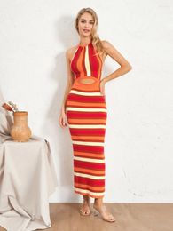 Casual Dresses Wsevypo Elegant Striped Halter Tie-up Knit Long Dress Autumn Women's Backless Sleeveless Cutout Wrap Bodycon Party Office