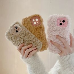 Cell Phone Cases Fashionable warm fur soft plush phone case with holder suitable for iPhone 15 14 13 12 11 Pro Max strip Chevron solid Colour shock cover 231026