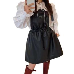 Sexy Leather Dresses Street Style Elastic Waist Strap Dress 100% Sheepskin Skirt Metal Triangle Zipper Large Pocket Suspender Skir2992