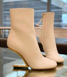 2023 Winter Short boot Brand First shoes Women Ankle Boots calf Leather Metal wedge shaped Heels Round Toe gold-colored Booties Lady Booty EU35-43 Box