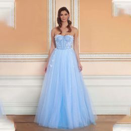 Vintage Long Sky Blue Sweetheart Glitter Tulle Evening Dresses Sleeveless A Line Floor Length Party Gowns for Women