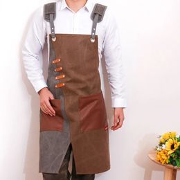 Aprons Durable Goods Heavy Duty Waxed Unisex Canvas Work Apron with Tool Pockets Cross-Back Straps Adjustable For Woodworking Painting 231026