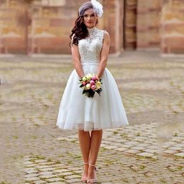 High Neck 2023 Sleeveless Lace Applique Bridal Gown Custom Made Short Knee Length Open Back Wedding Dresses