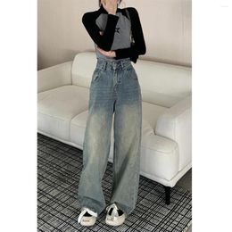 Women's Jeans Frayed High Waist Autumn Winter Retro Floor Length Straight Wide Leg Pants Daddy Loose Trousers Women Streetwear