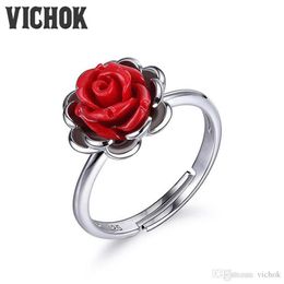925 Sterling Silver Ring Red Rose Vintage Ring Platinum Color For Women Fine Jewelry Statement Rings Minimalism Style VICHOK238W