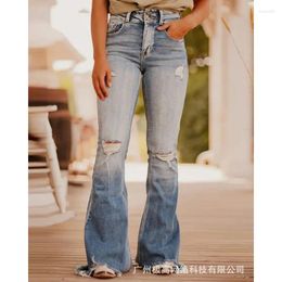 Women's Jeans Vintage Women Ripped Hole Flare Elegant Y2K Button High Waist Straight Denim Pants Boyfriend For Streetwear