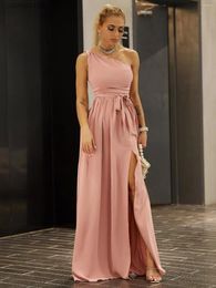 Casual Dresses Solid One Shoulder Maxi Long Dress Women Cut Out Side Split Sexy Pink Summer 2023