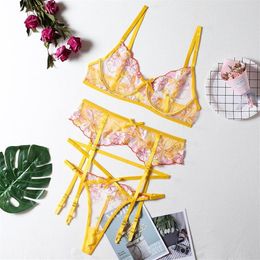 Bras Sets Erotic Lingerie Sexy Embroidery Lace Underwear Set Women Bra And Thong Garters Yellow Push Up Brief Women's219O