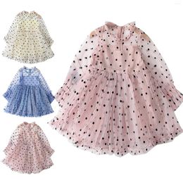 Girl Dresses Summer Girl's Wooden Ear Edge Collar Wave Dot Bow Long Sleeve Mesh Skirt For 1 To 7 Years Baby Birthday Outfit Dress